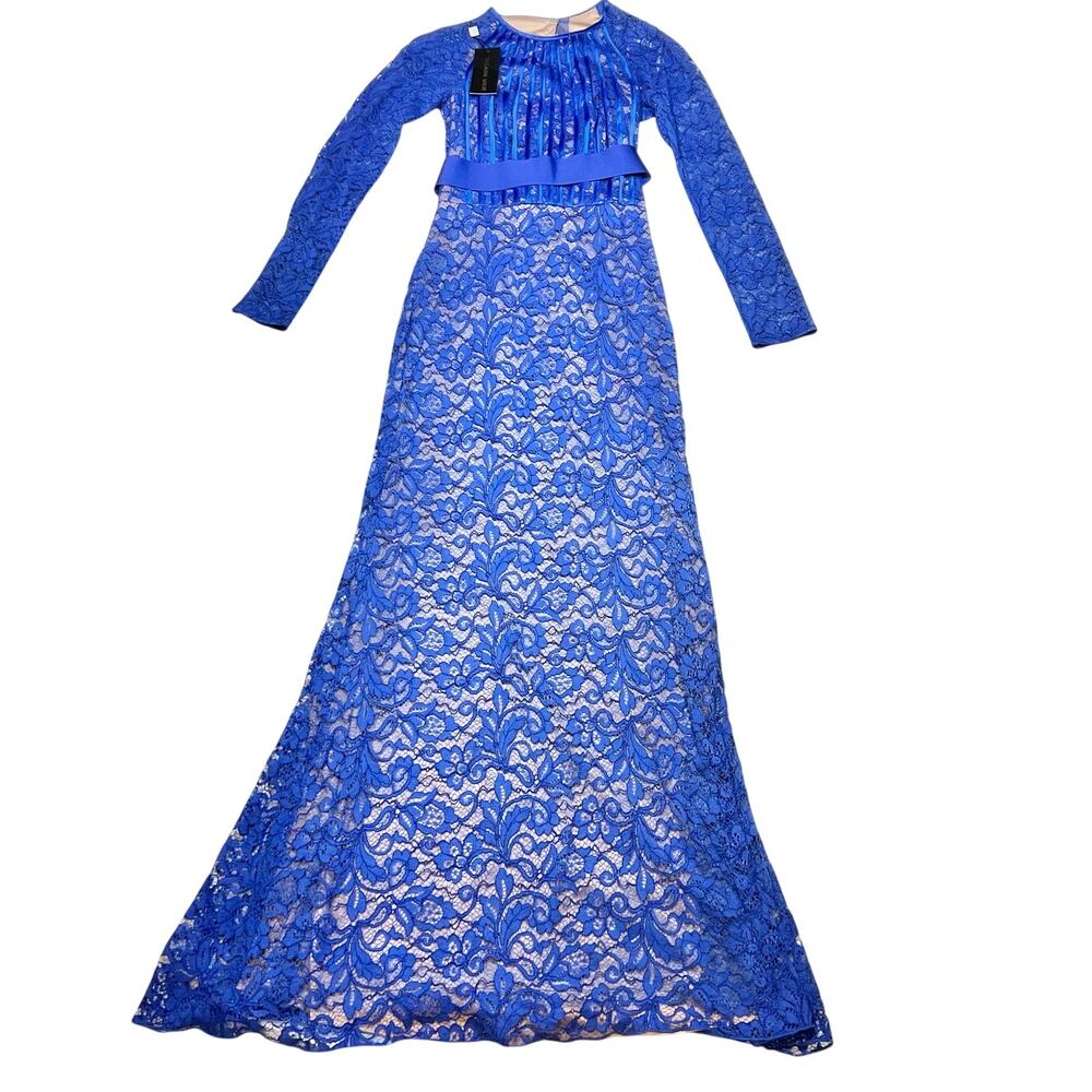 Tadashi Shoji Chrissy Lace Gown Blue Velvet Illusion Open Back Dress Women 4 New